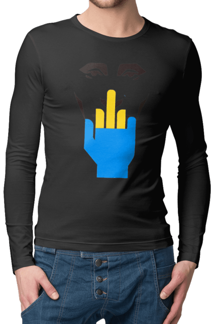 Чоловічий лонгслів з принтом "Путін Хуйло". Все, голова путіна, доброго вечора, йди нахуй, мертвий москаль, москалі, орки, путін хуйло, російський військовий, середній палець. 2070702