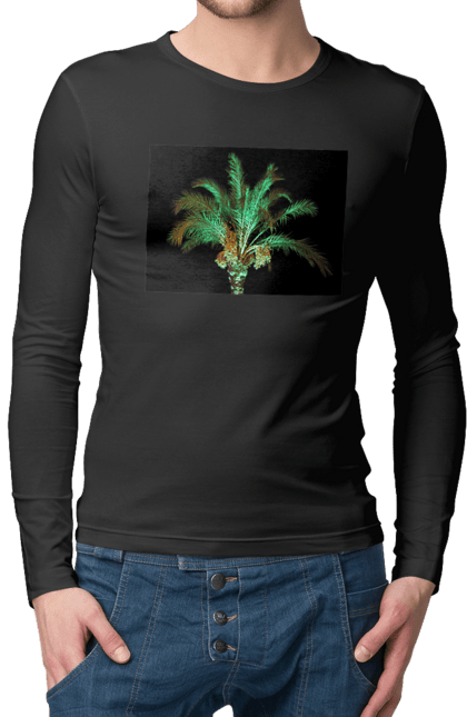 Чоловічий лонгслів з принтом "Фінікова Пальма Вночі". Берег, відпочинок, відпустка, зелений, море, ніч, оазис, океан, острів, пальма, південь, подорож, пригоди, тропіки, фінікова, чорне. 2070702