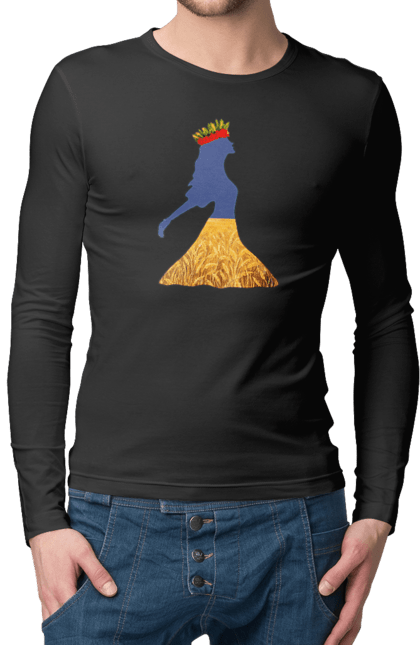 Чоловічий лонгслів з принтом "Україна". Вінок, дівчина, дівчинка, жовтий синій, жовто-блакитне, маки, національні кольори, небо, пшеничне поле. 2070702