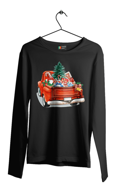 Чоловічий лонгслів з принтом "Авто з подарунками". Автомобіль, новий рік, подарунки, різдво, санта, ялинка. 2070702