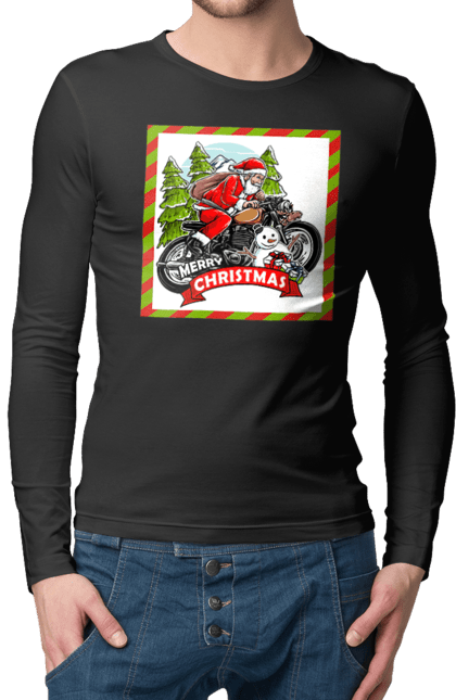 Чоловічий лонгслів з принтом "Санта на мотоциклі". Мотоцикл, новий рік, подарунки, різдво, санта, сніговик, ялинка. 2070702