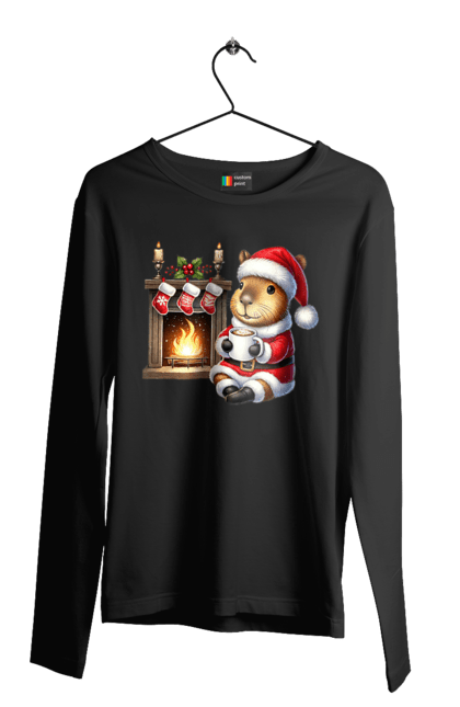 Men's longsleeve with prints Capybara by the fireplace with hot chocolate. Animal, capybara, christmas, christmas capybara, fireplace, gift, holiday, hot chocolate, new year, santa. 2070702