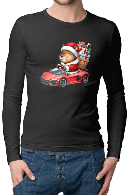 Men's longsleeve with prints Christmas Capybara with a Gift. Animal, capybara, car, christmas, christmas capybara, gift, holiday, new year, new year`s gift, santa. 2070702