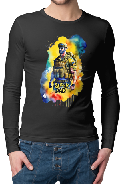 Чоловічий лонгслів з принтом "Супер тато ЗСУ". День батька, день тата, зсу, люблю тата, супер, супер тато, супер тато зсу, тато, тато зсу, україна. 2070702