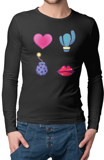 Чоловічий лонгслів з принтом "Серце, Кактус, Бомба, Губи". Бомба, губи, кактус, серце. 2070702