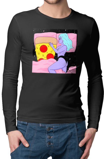 Чоловічий лонгслів з принтом "Фіолетова Дівчина І Піца". Дівчина, ліжко, піца. 2070702