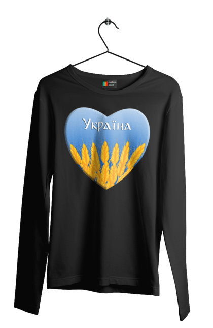 Чоловічий лонгслів з принтом "Серце з колосками Україна". Воля, колоски, небо, перемога, прапор україни, пшениця, серце, символ україни, україна. 2070702