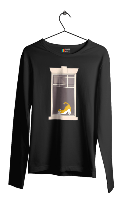 Чоловічий лонгслів з принтом "Кіт В Вікні". Вікно, кіт, потягушки, рудий. 2070702