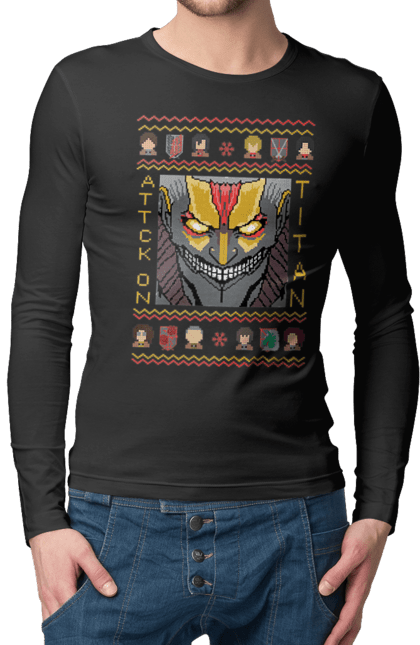 Мужской лонгслив с принтом Ugly Sweater Attack On Titan2. Аниме, атака титанов, боевик, бронированный гигант, драма, манга, постапокалиптика, райнер, райнер браун, рождество. 2070702