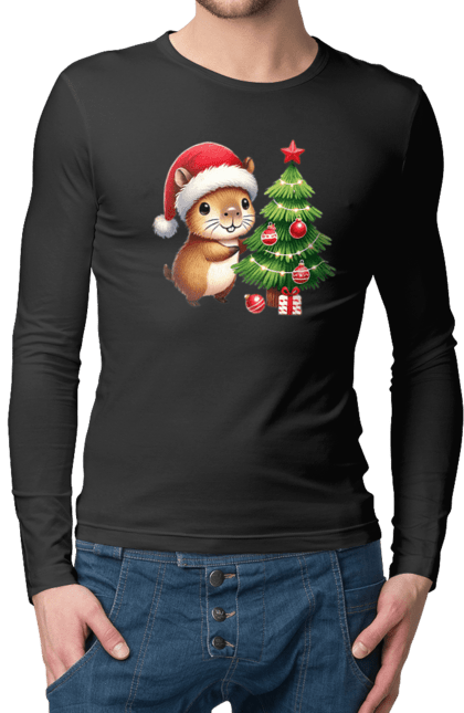 Men's longsleeve with prints Christmas Capybara with a Tree. Animal, capybara, christmas, christmas capybara, christmas tree, gift, holiday, new year, new year`s gift, santa. 2070702