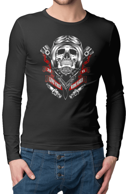Чоловічий лонгслів з принтом "череп гонщик". Байкер, гонки, мотоцикл, череп. 2070702