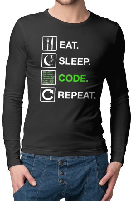Чоловічий лонгслів з принтом "Їж Cпи Кодуй Повторюй". Айті, айтішник, для айтішника, для програміста, їж спи, кодуй повторюй, подарунок айтішнику, подарунок програмісту, програміст, розробник. 2070702