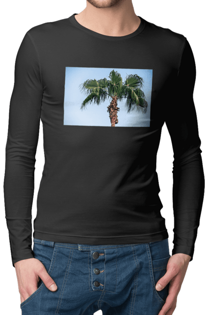 Чоловічий лонгслів з принтом "Пальма на тлі неба". Берег, блакитне, відпочинок, відпустку, єгипет, зелений, зелені, лист, листя, море, небо, оазис, океан, острів, пальма, південь, подорож, пригоди, тропіки, туреччина. 2070702