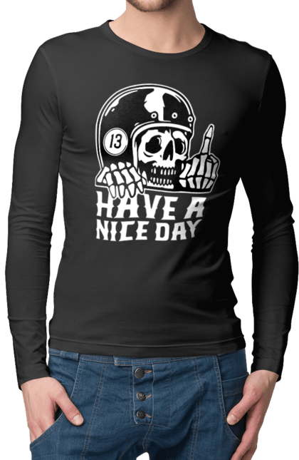 Чоловічий лонгслів з принтом "Гарного дня". Байкерська, гарного дня, з черепом, тринадцять, фак, череп. 2070702