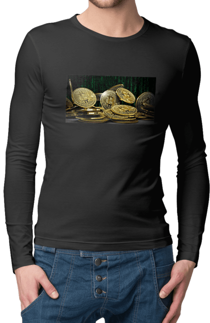 Чоловічий лонгслів з принтом "Біткойн". Багатство, біткойн, валюта, гроші, криптовалюта, курс, майнінг, матриця, монета, розкіш, цифровий світ. 2070702