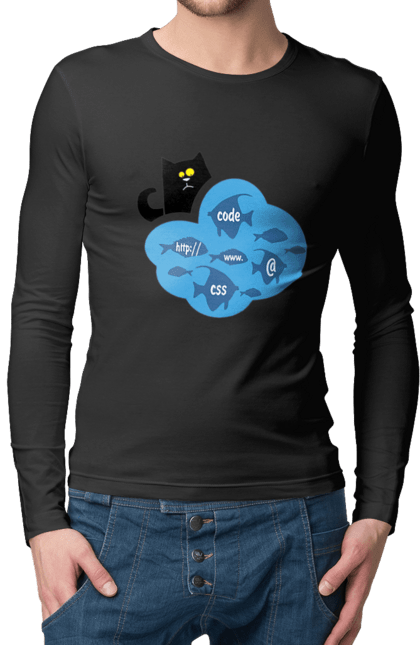Чоловічий лонгслів з принтом "Кіт програміст". Angular, c, css, html, it, javascript, jquery, php, python, react, svelt, vue, айтишник, айті, гумор, код, кодувати, прогер, програміст, програмісти, ти ж, ти ж програміст, тиж програміст. 2070702