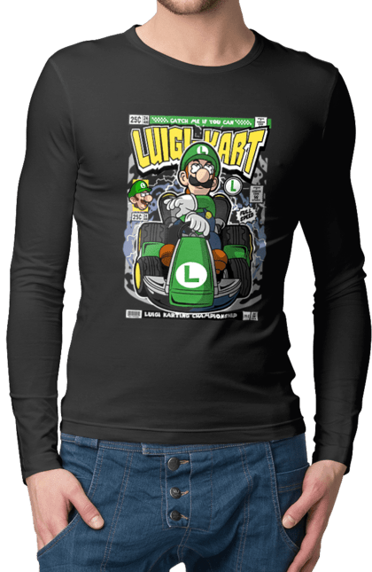 Чоловічій лонгслів з принтом "Luigi Karting". Nintendo, playstaion, автомобіль, гра, зелений маріо, луїджі, маріо. Funkotee