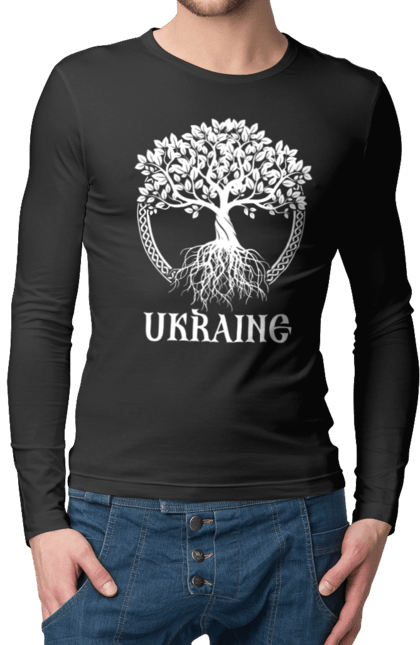 Чоловічий лонгслів з принтом "Дерево Україна". Дерево, дерево з корінням, дерево україна, зсу, патріотична, україна, українська. 2070702