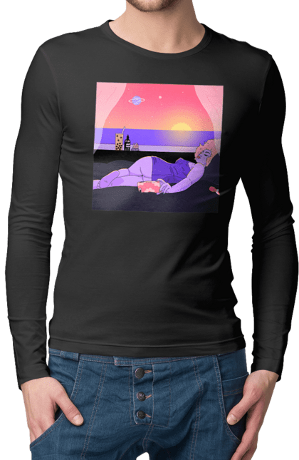 Чоловічий лонгслів з принтом "Фіолетова Дівчина На Відпочинку". Дівчина, захід, телефон. 2070702