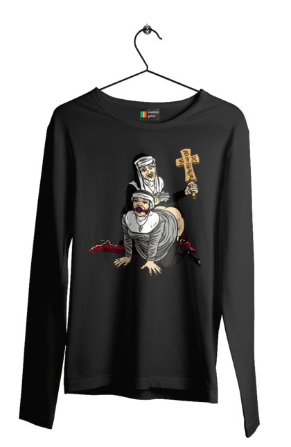 Чоловічий лонгслів з принтом "Монашки БДСМ". Бдсм, крута, модна, молодіжна, плескає по дупі, рок, рольові ігри, черниці бдсм, черницю, черниця. 2070702