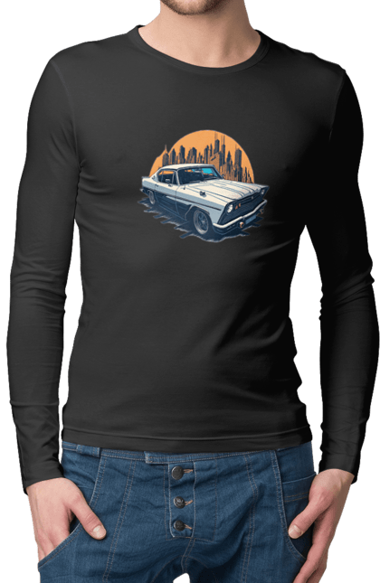 Чоловічий лонгслів з принтом "Вінтажне зображення авто". Автомобіль, вінтажне зображення, місто. 2070702