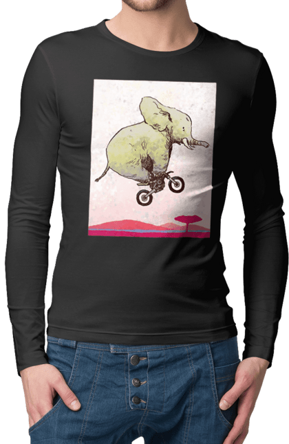 Чоловічий лонгслів з принтом "Слон На Мотоциклі". Мотоцикл, політ, слон. 2070702