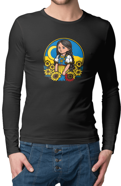 Men`s longsleeve with prints Cute Ukrainian girl. Blue, flag of ukraine, made in ukraine, patriots of ukraine, support ukraine, ukraine, ukrainian, ukrainian girl, yellow, yellow-blue. 2070702