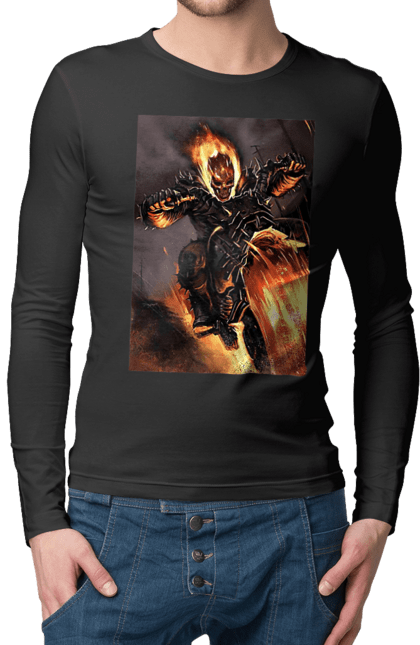 Чоловічий лонгслів з принтом "Пекельний Гонщик". Вогонь, мотоцикл, пекельний гонщик, скелет, чоппер. 2070702