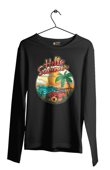 Чоловічий лонгслів з принтом "Привіт Літо, Машина Біля Моря". Літо, машина, острів, пальма, пляж. 2070702