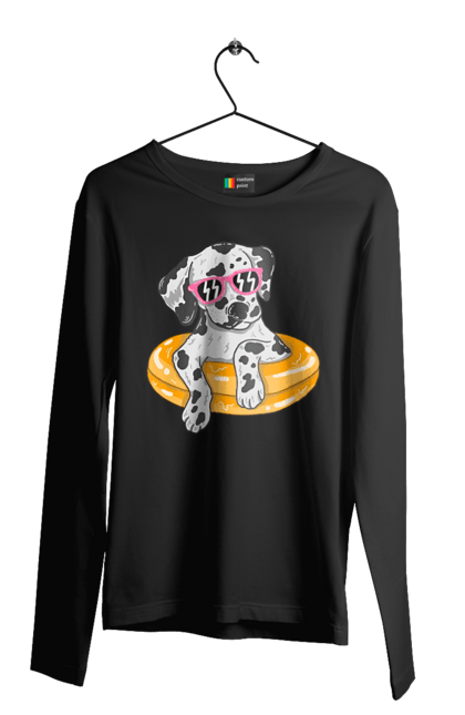 Чоловічий лонгслів з принтом "Далматинець Плаває У Колі". Далматинець, окуляри, плавати, собака. 2070702