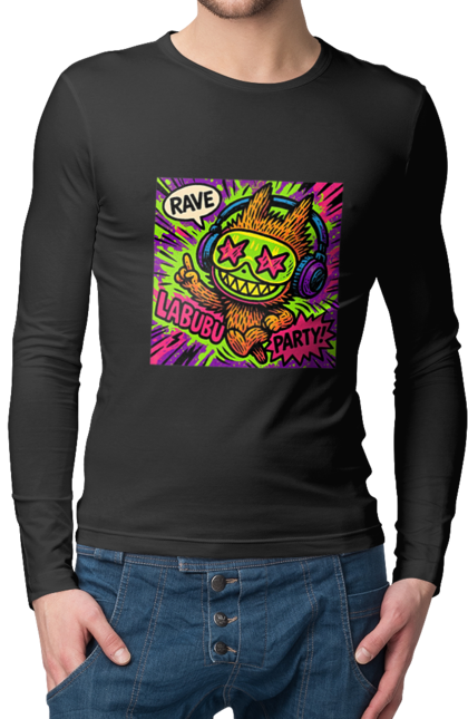 Чоловічий лонгслів з принтом "Лабубу". Вечірка, вуличне мистецтво, графіті, зоряніочі, коміксстиль, лабубу, навушники, неон, попарт, рейв. 2070702