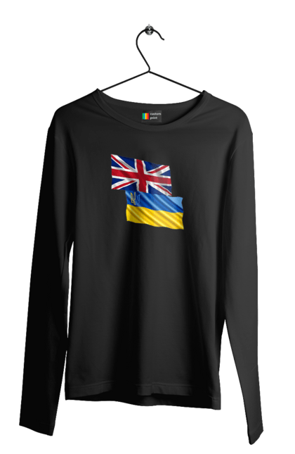 Чоловічий лонгслів з принтом "Прапор Великої Британії, прапор України, Підтримка України". Британія, велика британія, війна, киев, мир, національні кольори, прапор, прапор британії, прапор великої британії. 2070702