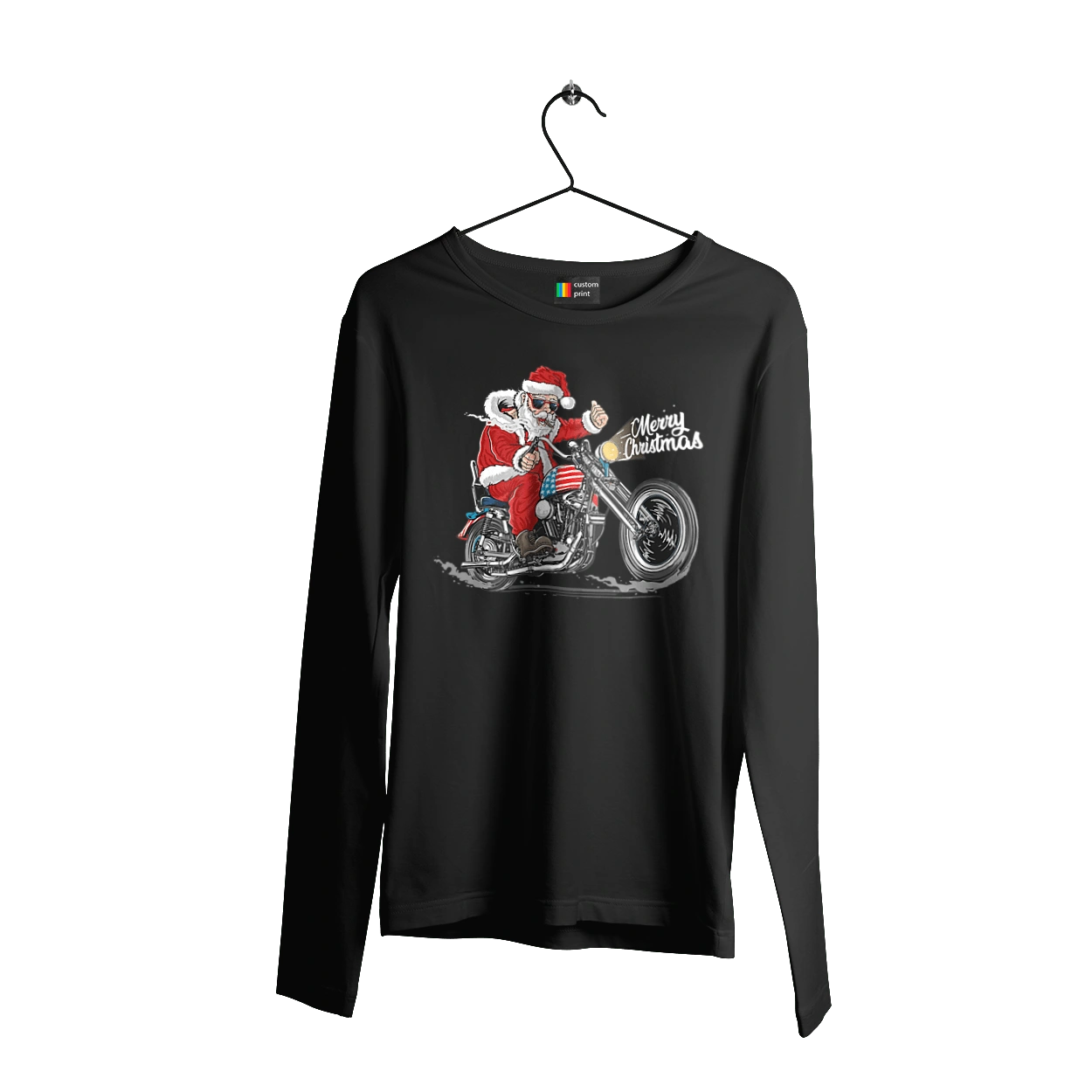 Santa in glasses on a motorcycle
