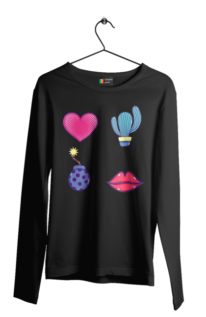 Чоловічий лонгслів з принтом "Серце, Кактус, Бомба, Губи". Бомба, губи, кактус, серце. 2070702