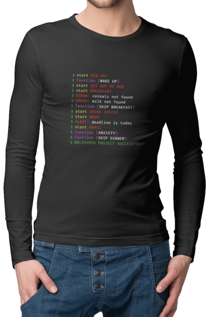 Чоловічій лонгслів з принтом "Життя програміста". Angular, c, css, html, it, javascript, jquery, php, python, react, svelt, vue, айтишник, айті, гумор, код, кодувати, прогер, програміст, програмісти, ти ж, ти ж програміст, тиж програміст. PrintMarket - інтернет-магазин одягу та аксесуарів з принтами плюс конструктор принтів - створи свій унікальний дизайн