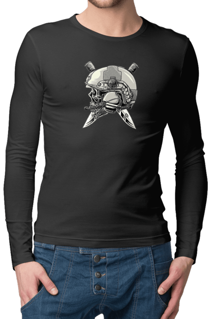 Чоловічий лонгслів з принтом "Череп пілота". Військовий, захисник, ніж, пілот, череп, шолом. 2070702