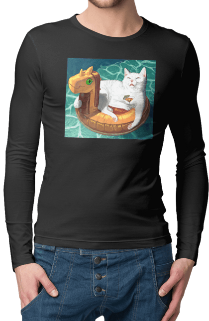 Чоловічий лонгслів з принтом "Білий кіт у плавальному колі, на відпочинку". Басейн, відпочинок, кіт, коктейль, море, плавальний круг. 2070702