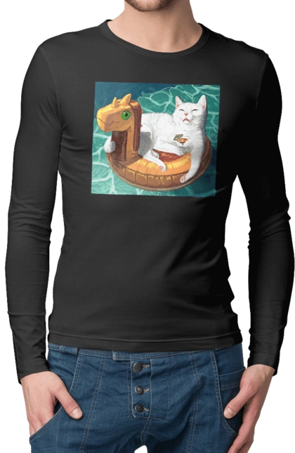 White cat in a swimming circle on vacation