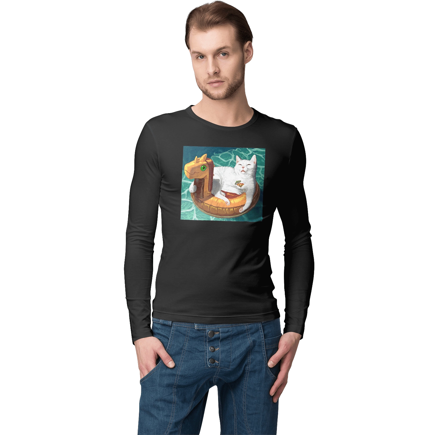 White cat in a swimming circle on vacation