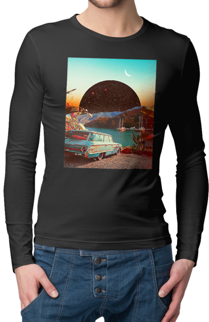 Чоловічий лонгслів з принтом "Картина, машина біля річки". Картина, машина, планета, прикол, ретро, річка. 2070702