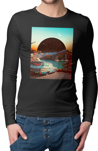Чоловічий лонгслів з принтом "Картина, машина біля річки". Картина, машина, планета, прикол, ретро, річка. 2070702