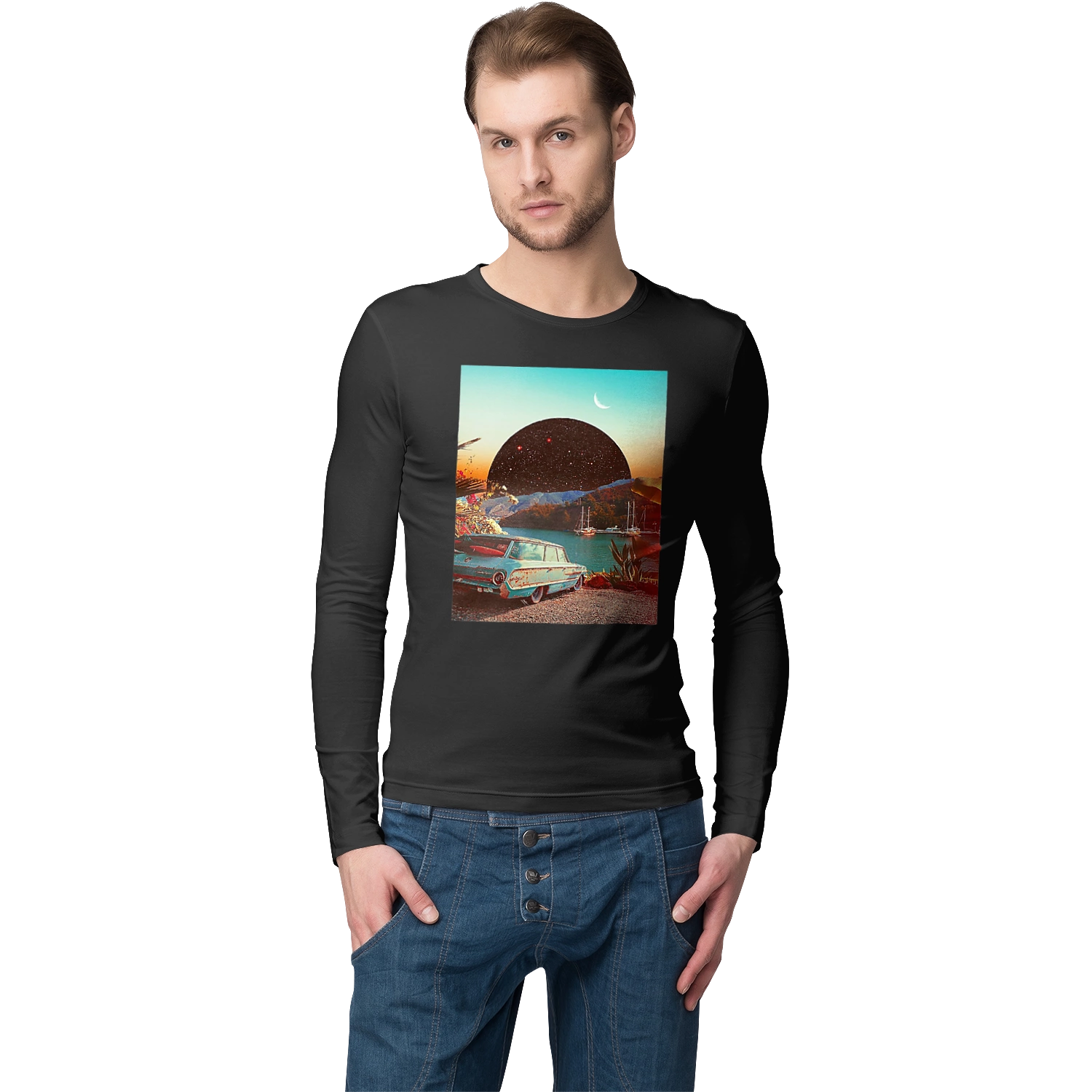 Painting, car by the river