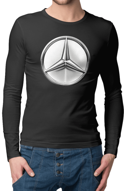 Чоловічий лонгслів з принтом "Mercedes Benz Лого Металік". Авто, автомобіль, логотип мерседес, машини, мерс, мерседес. 2070702