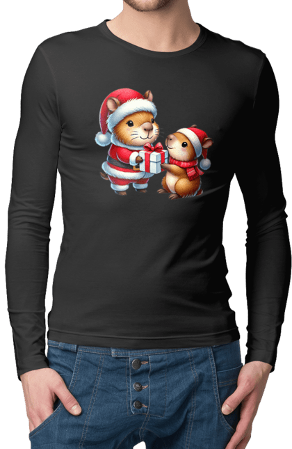 Men's longsleeve with prints Christmas Capybara with a Gift. Animal, capybara, christmas, christmas capybara, gift, holiday, new year, new year`s gift, santa. 2070702