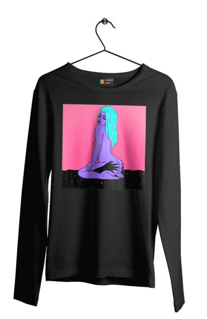 Чоловічий лонгслів з принтом "Фіолетова Дівчина В Руках". Дівчина, інопланетянка, сидить. 2070702