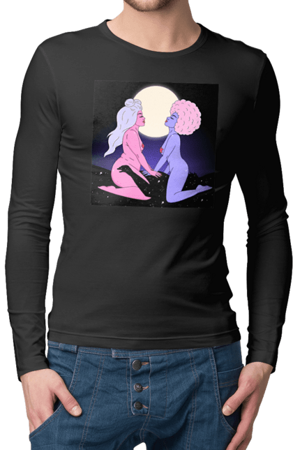 Чоловічий лонгслів з принтом "Дві Інопланетянки І Місяць". Дівчата, зверху, інопланетянки. 2070702