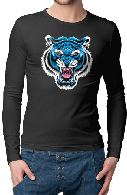 Чоловічій лонгслів з принтом "Блакитний тигр". Блакитний тигр, голова тигра, тварини, тигр. futbolka.stylus.ua