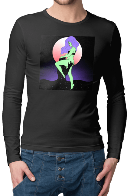 Чоловічий лонгслів з принтом "Зелена Дівчина І Місяць". Інопланетянка, місяць. 2070702