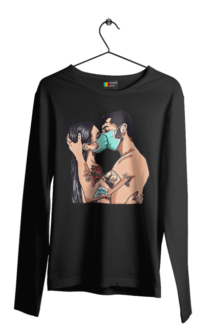 Чоловічий лонгслів з принтом "Коронавірусна Любов". Карантин, коронавірус, кохання, маска, поцілунок. 2070702