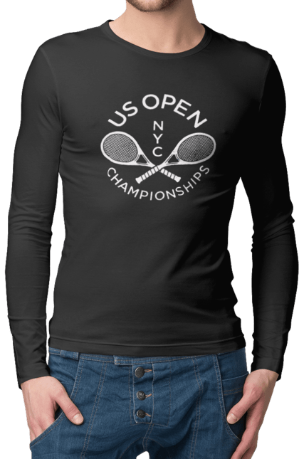 Чоловічій лонгслів з принтом "Тенісний турнір US Open". Великий теніс, відкритий чемпіонат, гравці, грунт, м`яч, нью йорк, призовий фонд, ракетка, хард, чемпіонат америки. aslan